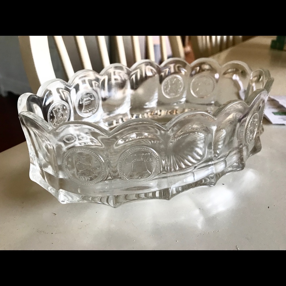 Vintage Etched Bicential Coin heavy Glass Bowl.